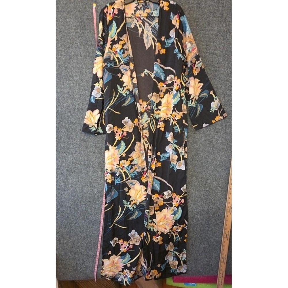 Boohoo Kimono Jacket Womens 12 Black Floral Long Open Front Lightweight Boho